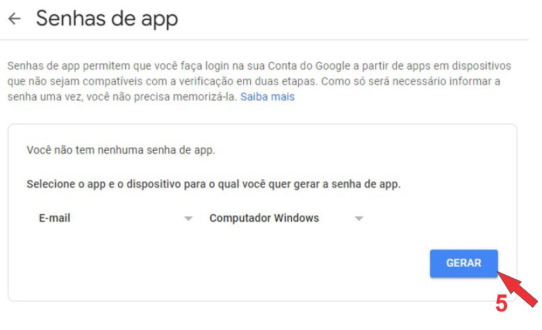 tela senhas de app gerar